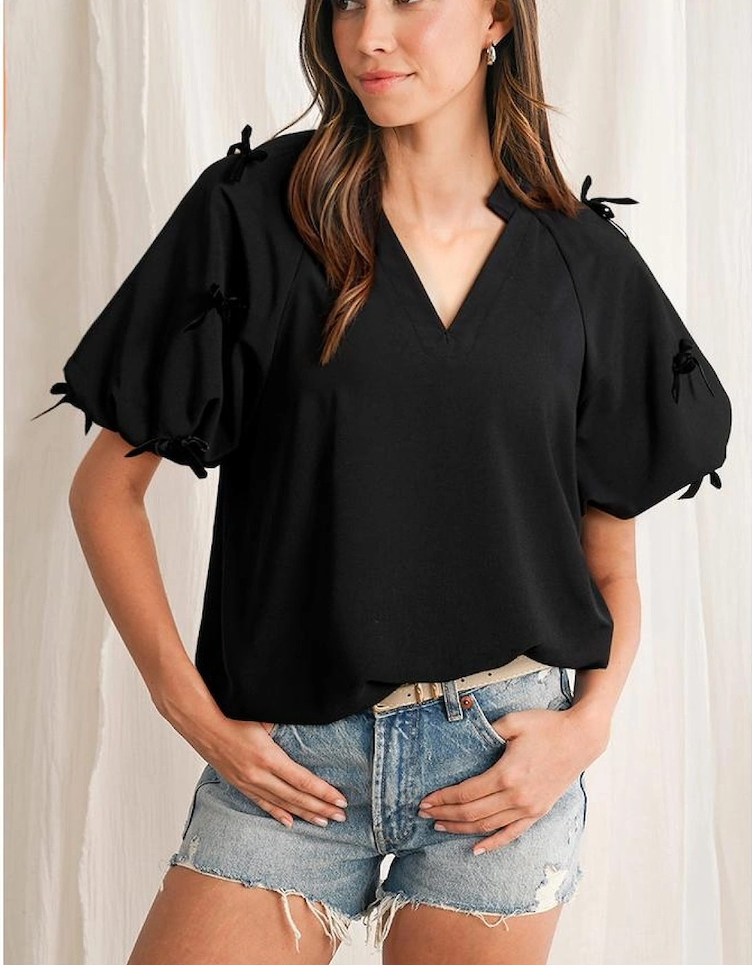 Black Bow Decor Puff Sleeve Split Neck Blouse