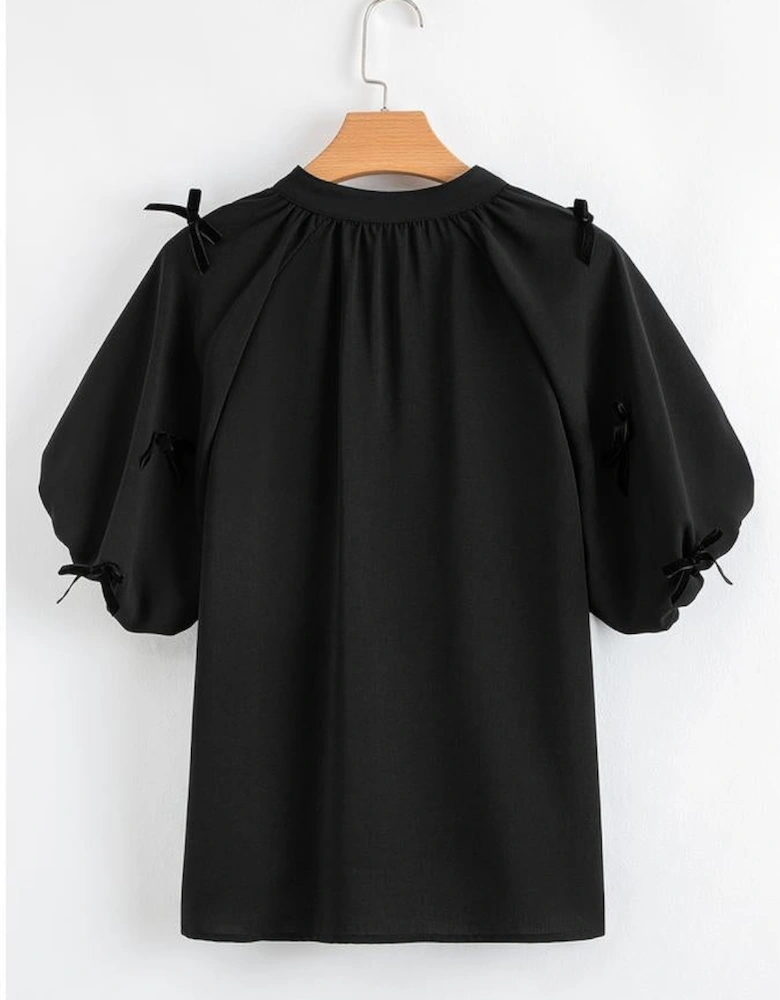 Black Bow Decor Puff Sleeve Split Neck Blouse