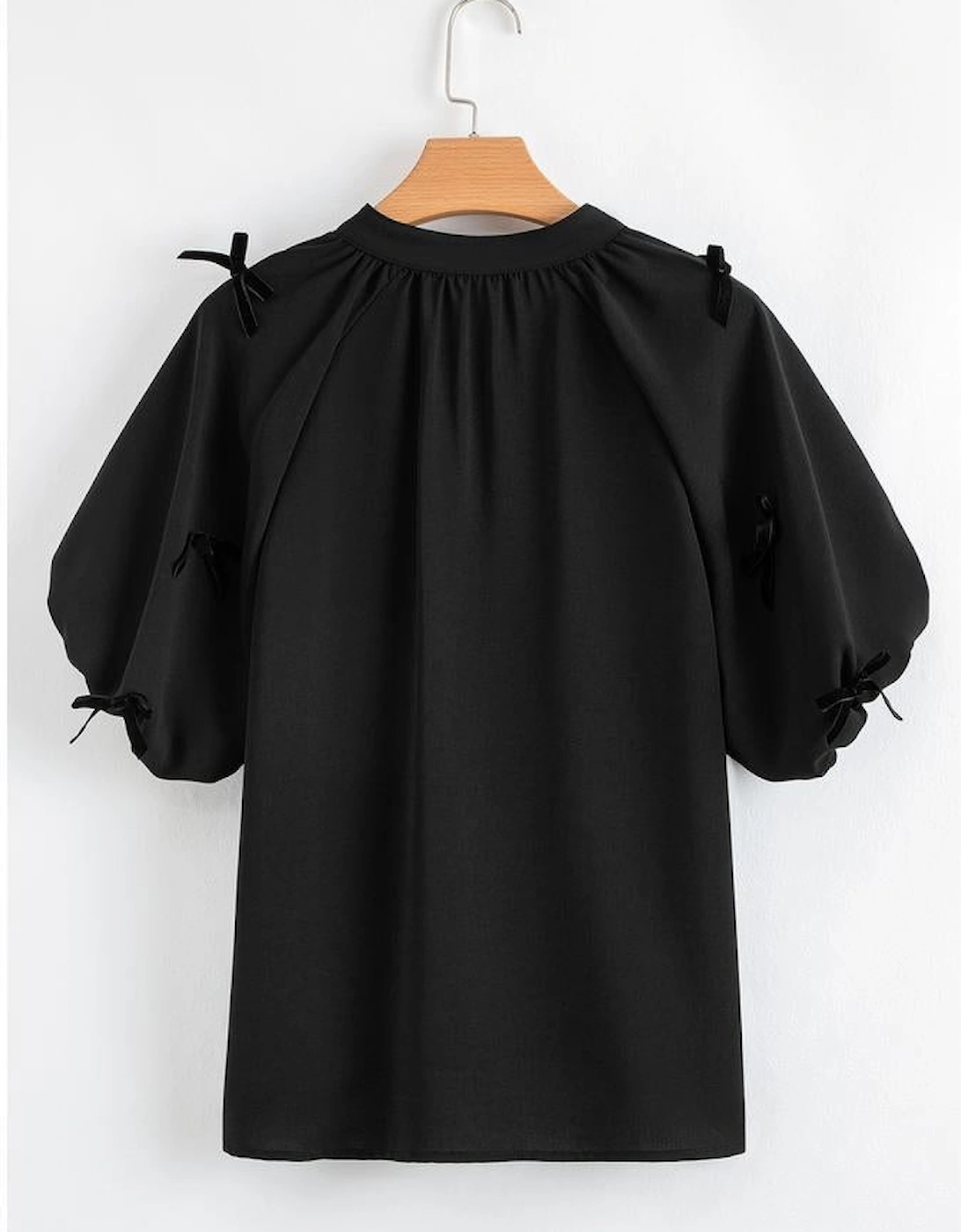 Black Bow Decor Puff Sleeve Split Neck Blouse