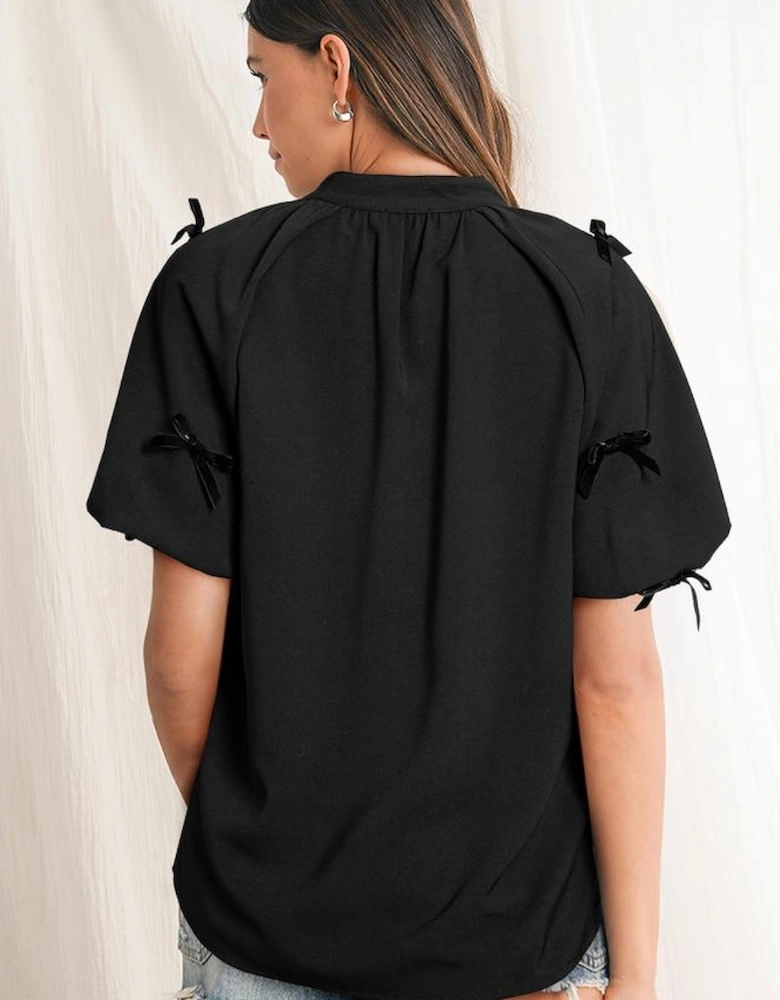 Black Bow Decor Puff Sleeve Split Neck Blouse