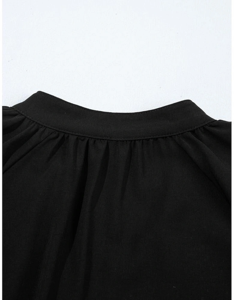 Black Bow Decor Puff Sleeve Split Neck Blouse