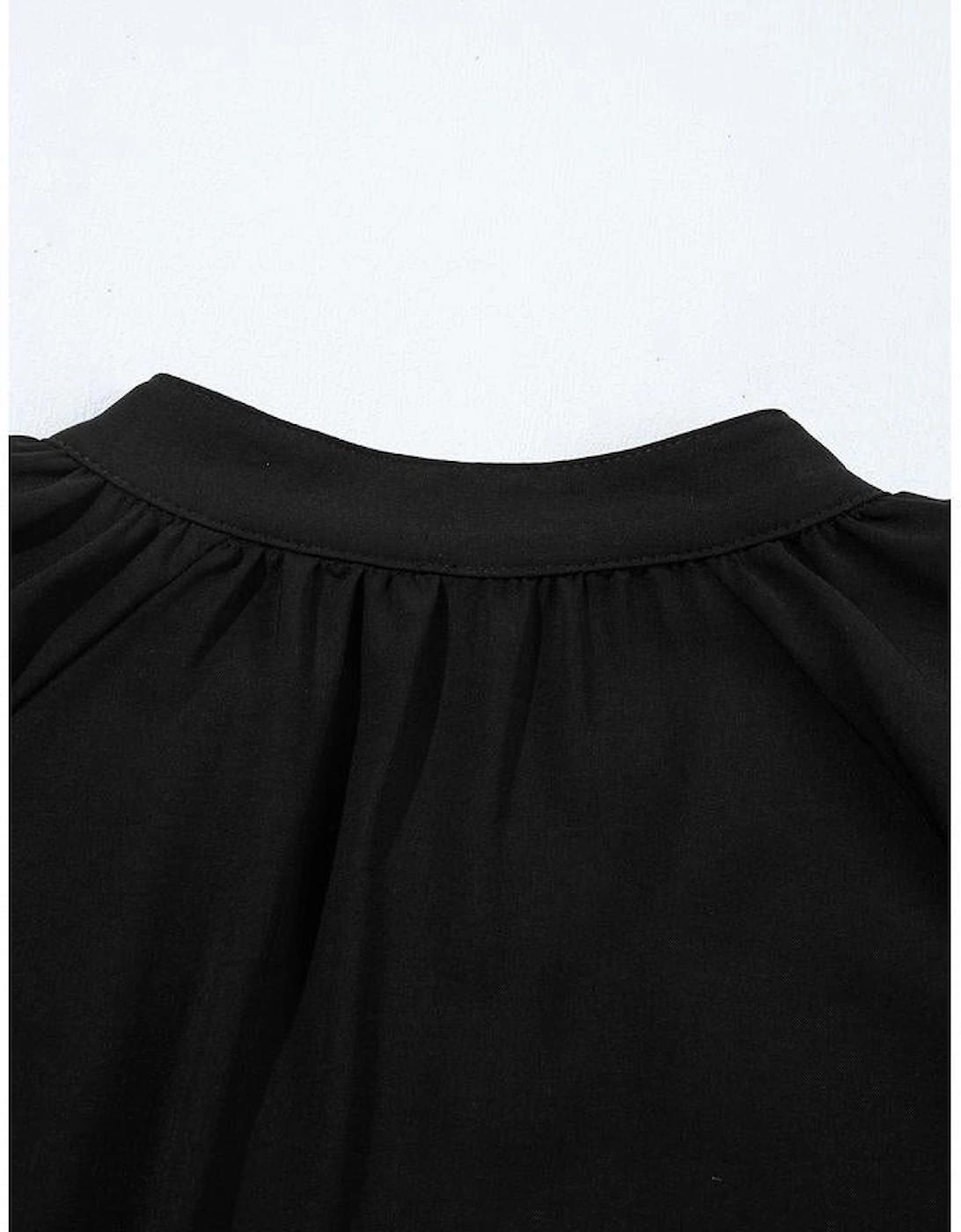 Black Bow Decor Puff Sleeve Split Neck Blouse