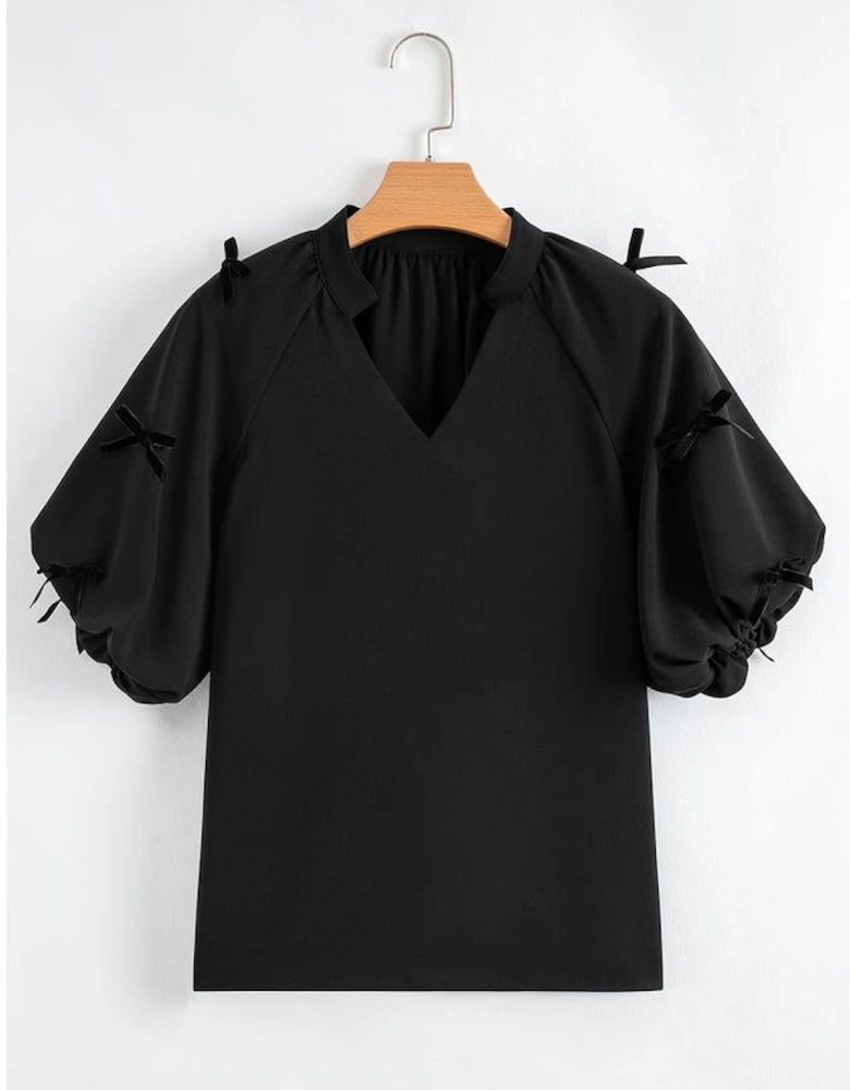 Black Bow Decor Puff Sleeve Split Neck Blouse