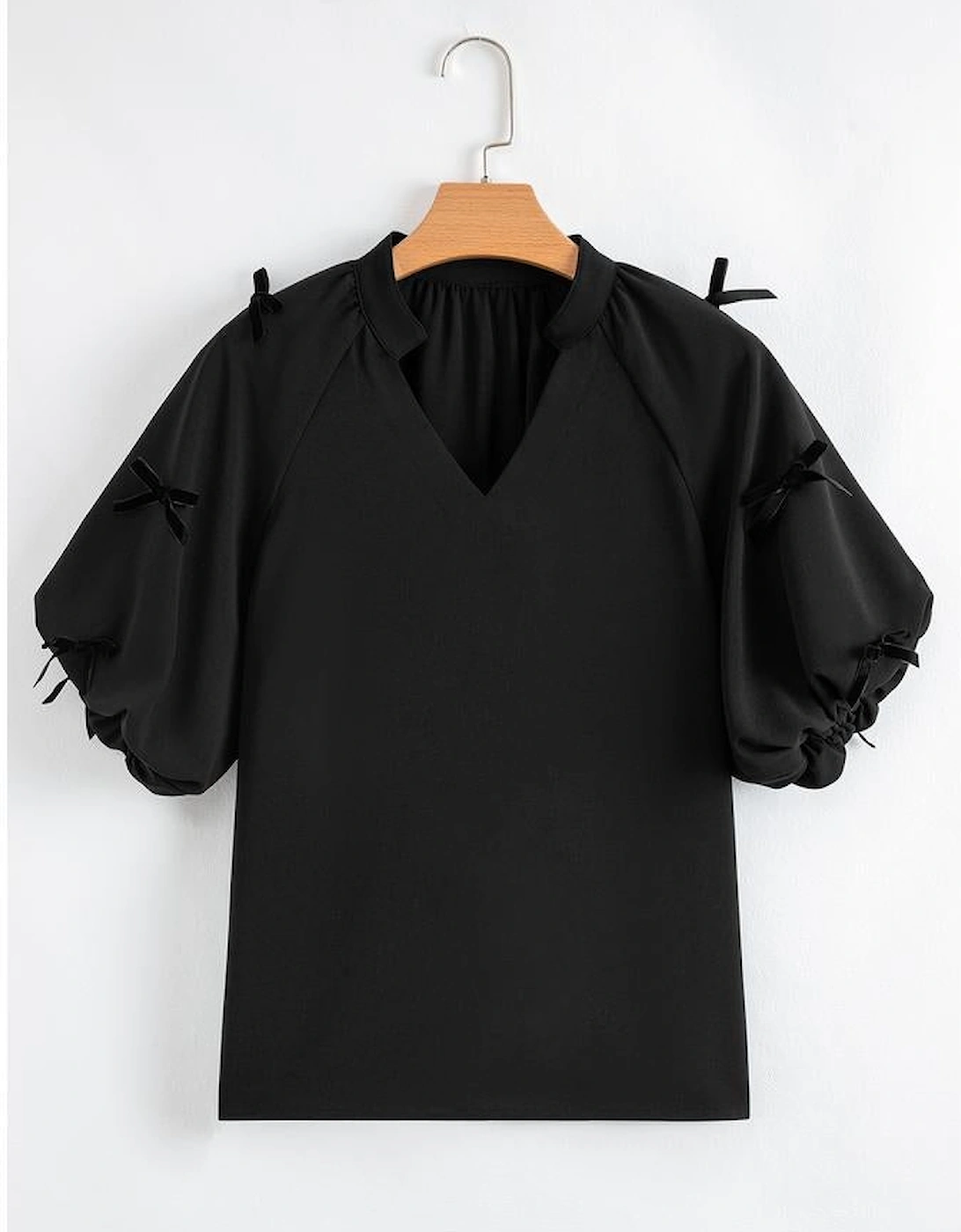 Black Bow Decor Puff Sleeve Split Neck Blouse