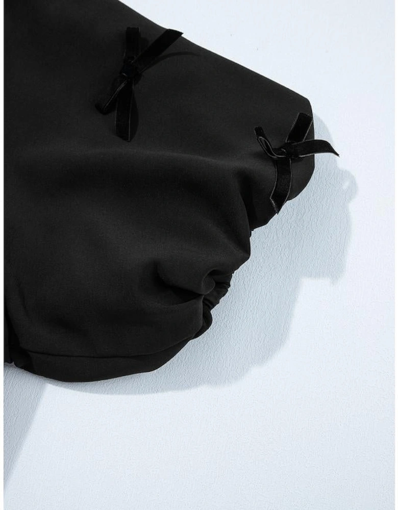 Black Bow Decor Puff Sleeve Split Neck Blouse