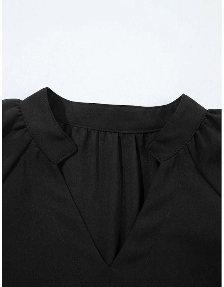 Black Bow Decor Puff Sleeve Split Neck Blouse