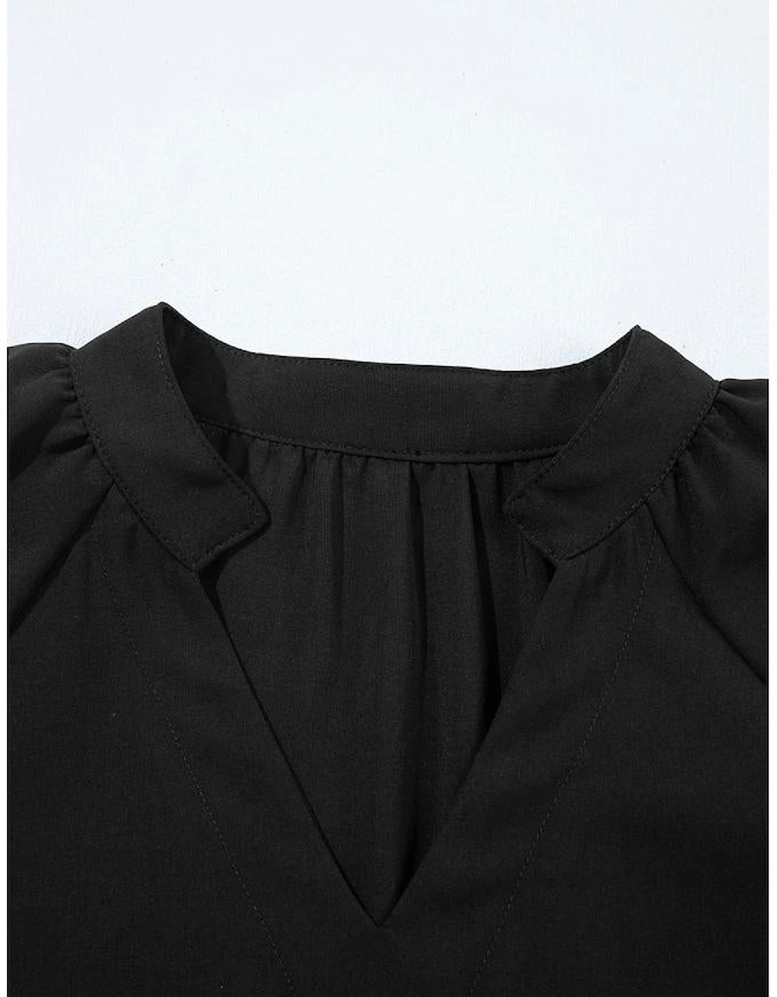 Black Bow Decor Puff Sleeve Split Neck Blouse