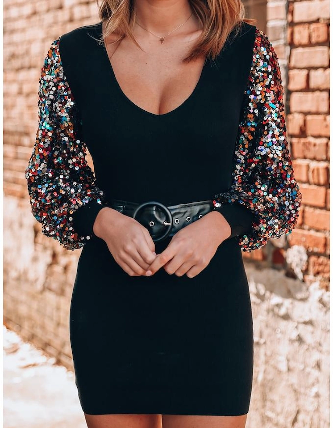 Black Sequin Bishop Sleeve U Neck Mini Sweater Dress