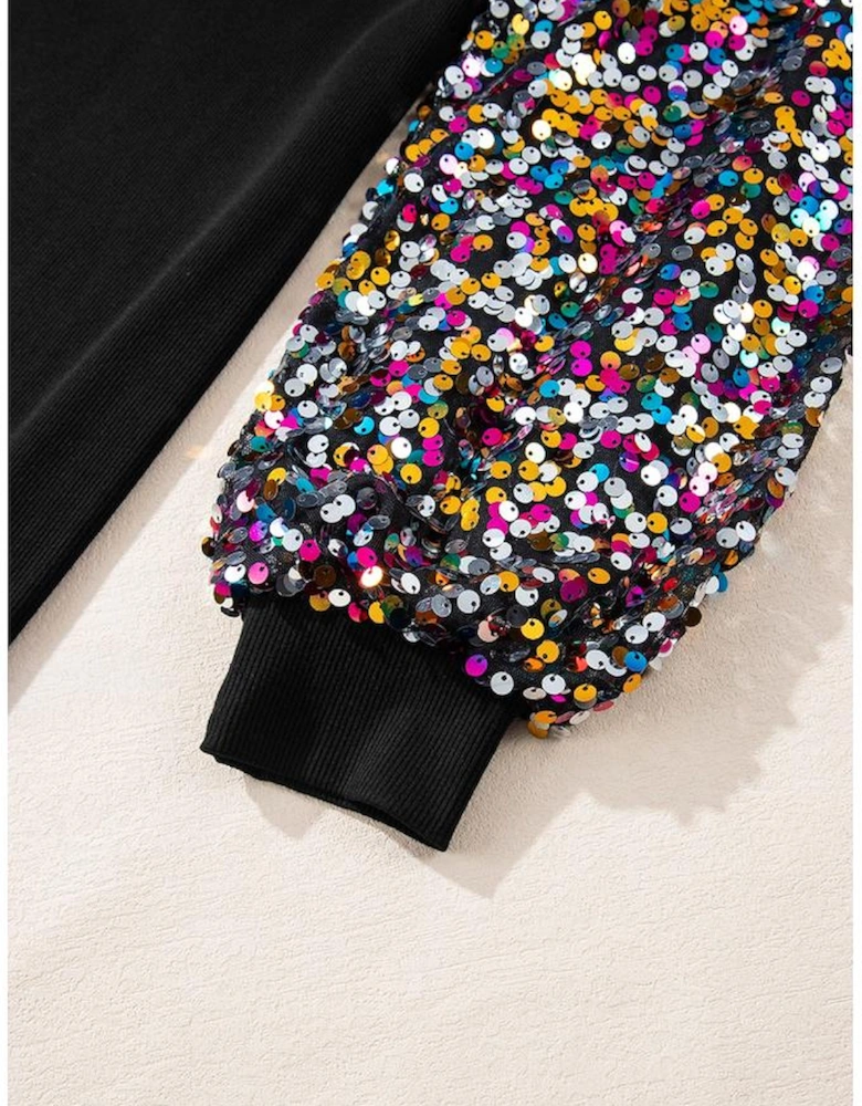 Black Sequin Bishop Sleeve U Neck Mini Sweater Dress