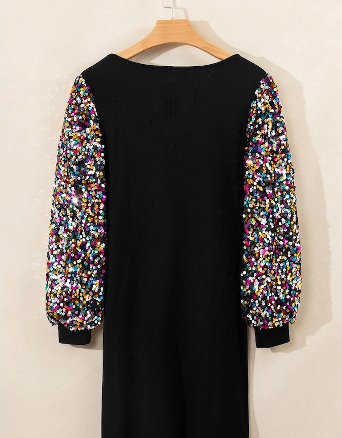 Black Sequin Bishop Sleeve U Neck Mini Sweater Dress