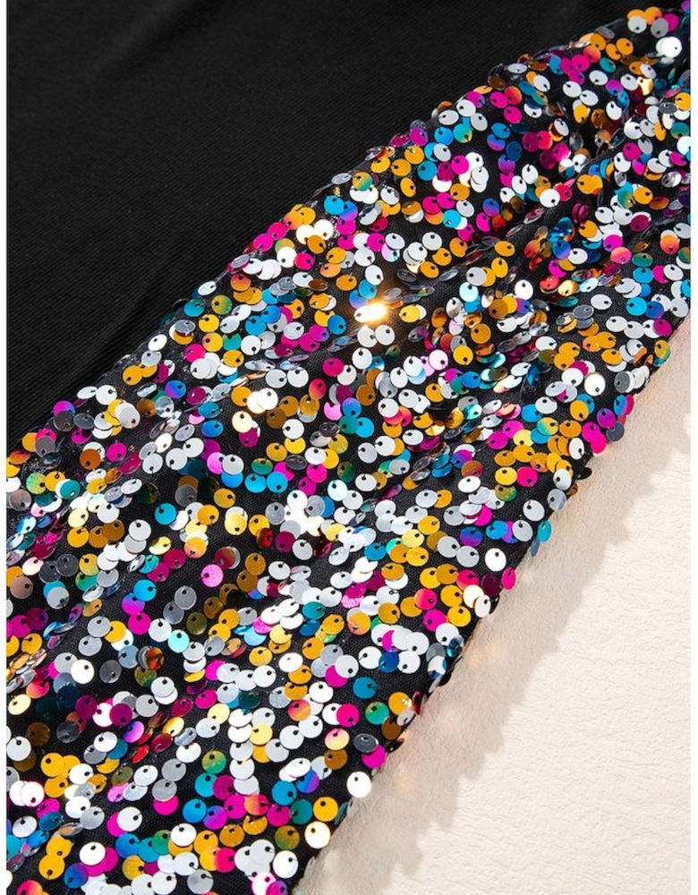 Black Sequin Bishop Sleeve U Neck Mini Sweater Dress