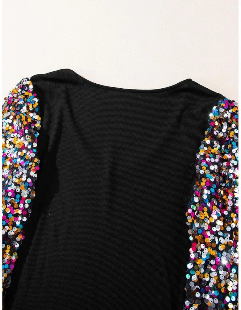 Black Sequin Bishop Sleeve U Neck Mini Sweater Dress