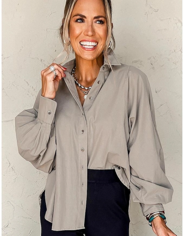 High Solid Color Balloon Sleeve Side Slits Loose Fit Shirt