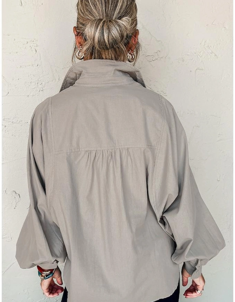 High Solid Color Balloon Sleeve Side Slits Loose Fit Shirt