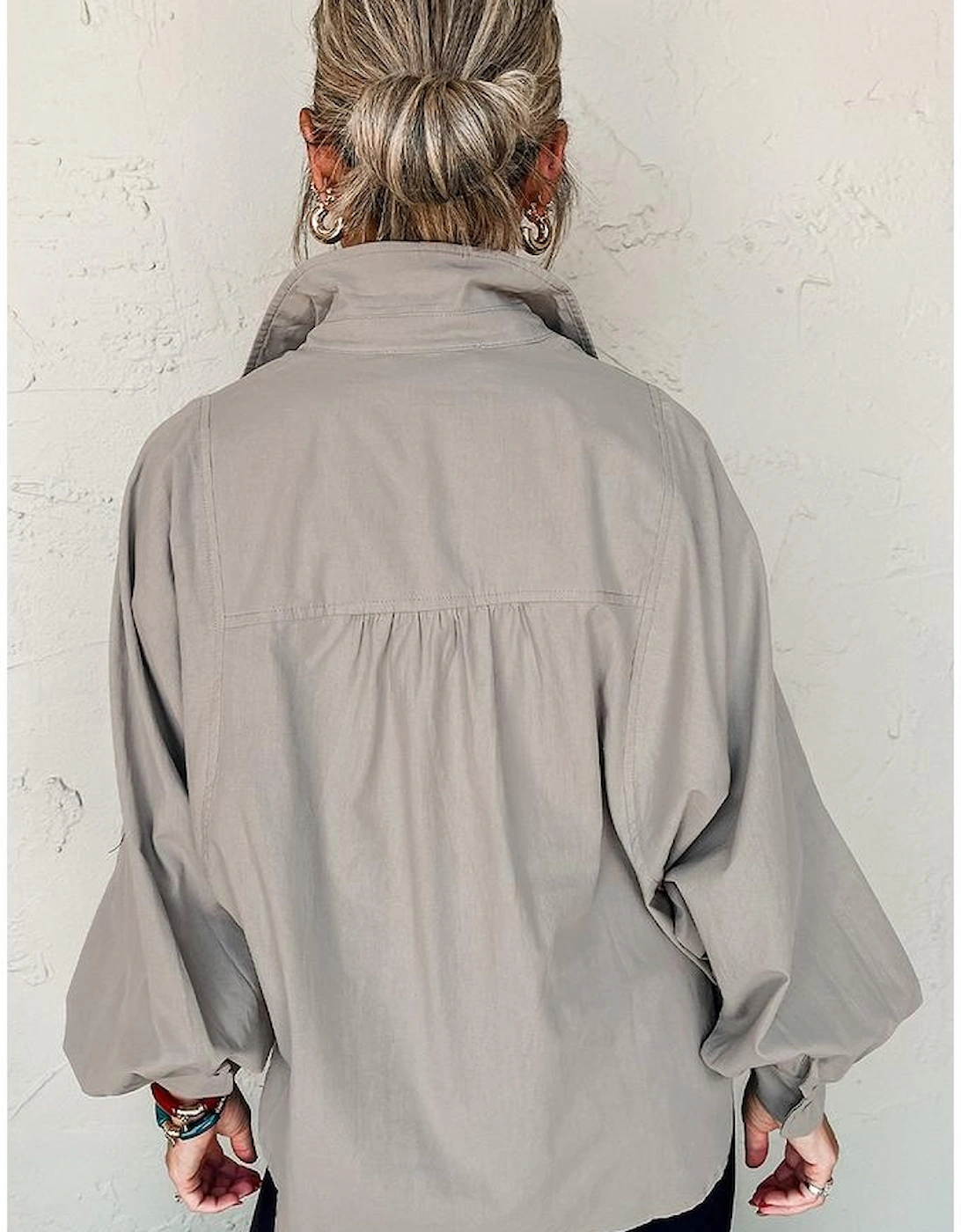 High Solid Color Balloon Sleeve Side Slits Loose Fit Shirt