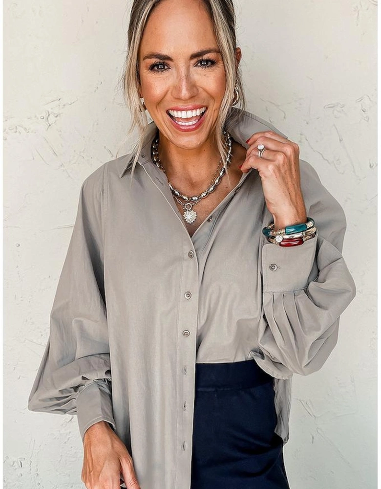 High Solid Color Balloon Sleeve Side Slits Loose Fit Shirt