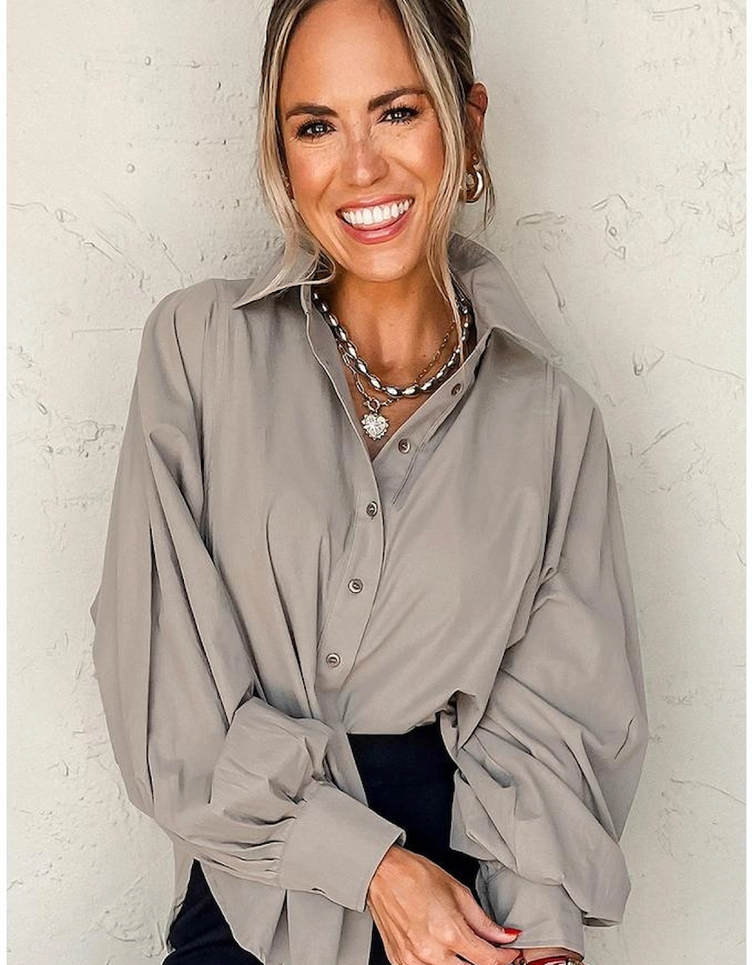 High Solid Color Balloon Sleeve Side Slits Loose Fit Shirt, 9 of 8