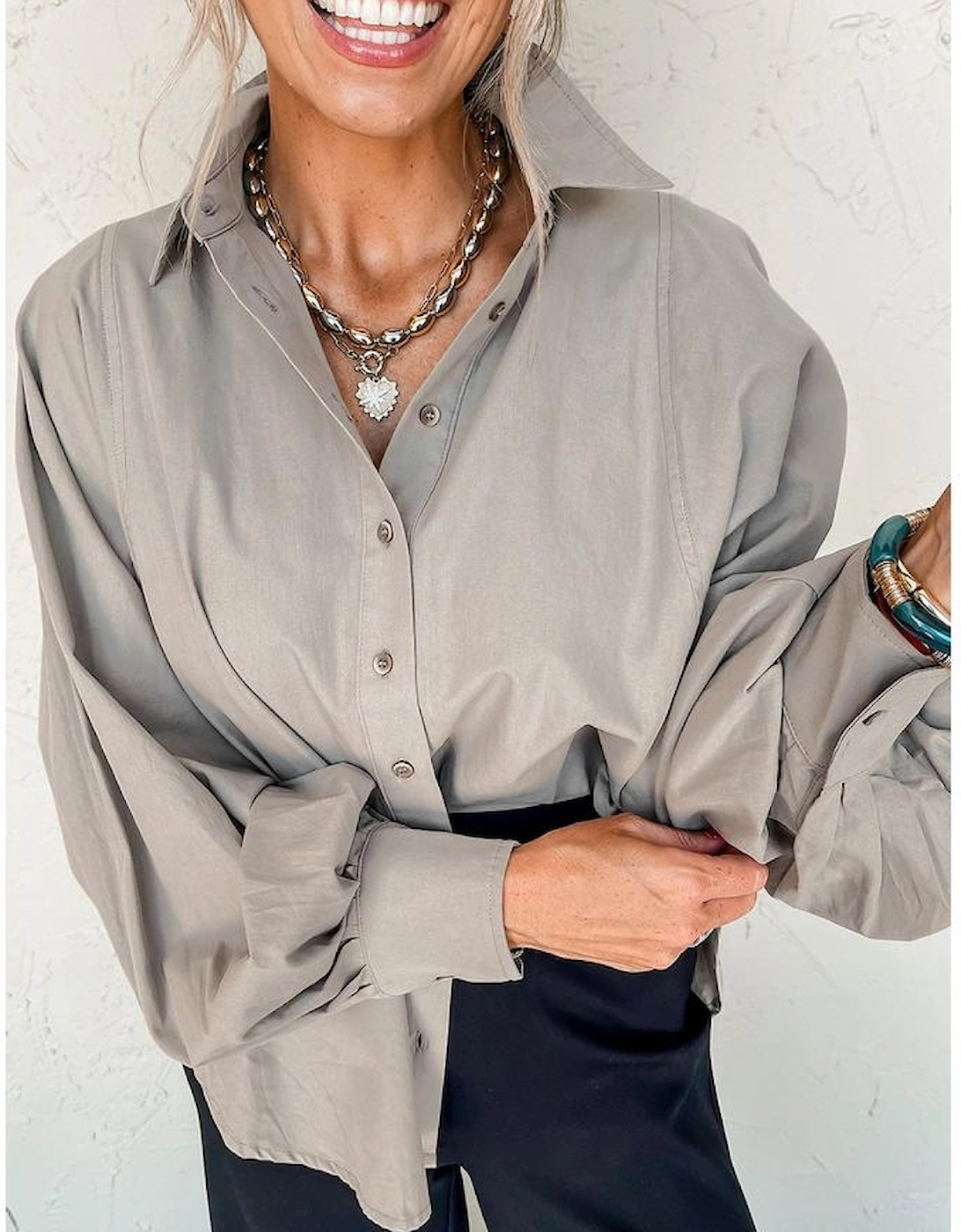 High Solid Color Balloon Sleeve Side Slits Loose Fit Shirt