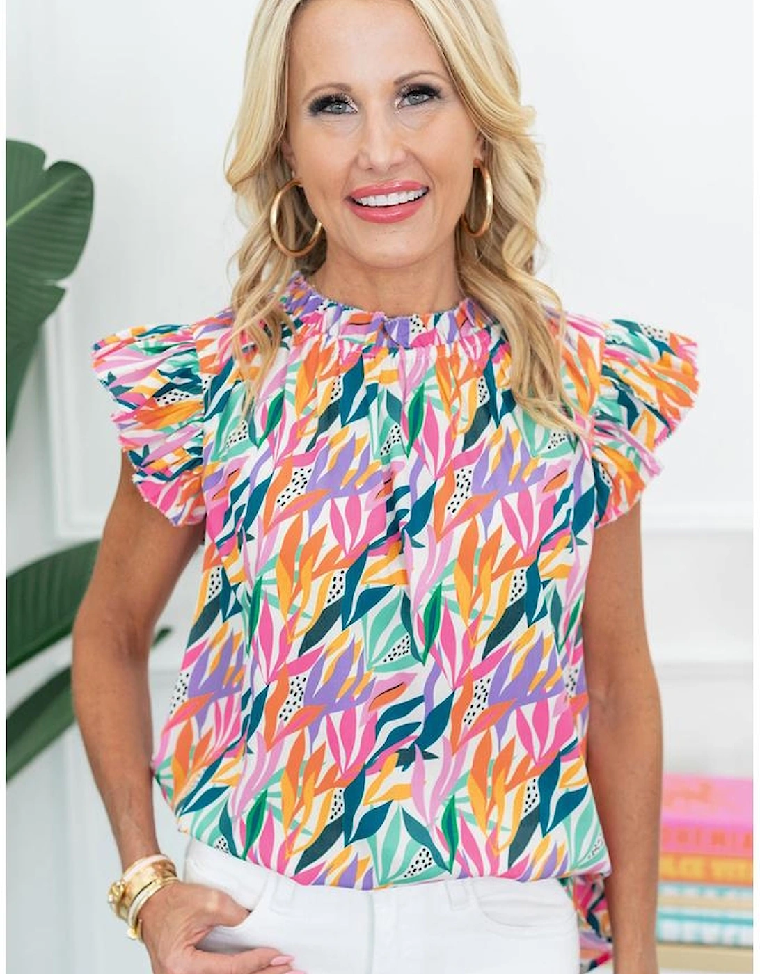 Rose Red Floral Print Ruffled Flutter Sleeve Blouse