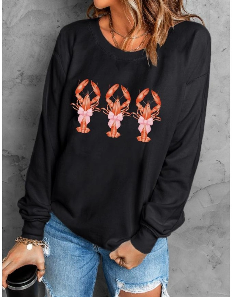 Black Cute Bow Crawfish Printed Drop Shoulder Sweatshirt
