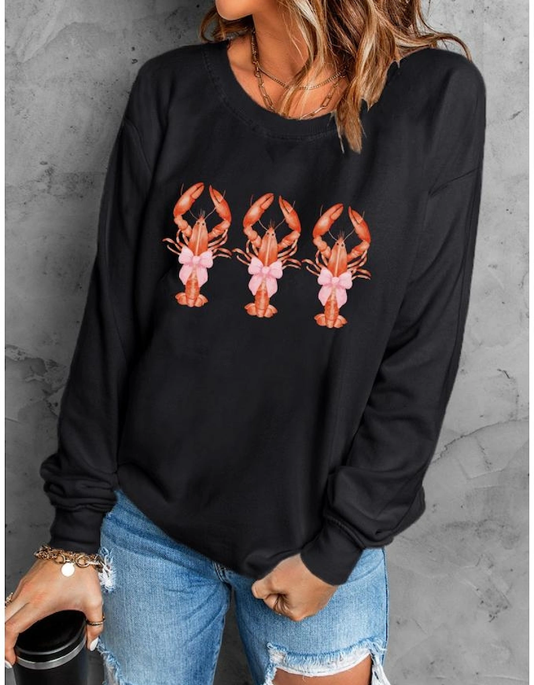 Black Cute Bow Crawfish Printed Drop Shoulder Sweatshirt