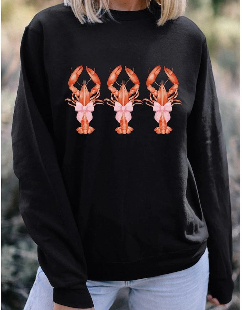 Black Cute Bow Crawfish Printed Drop Shoulder Sweatshirt