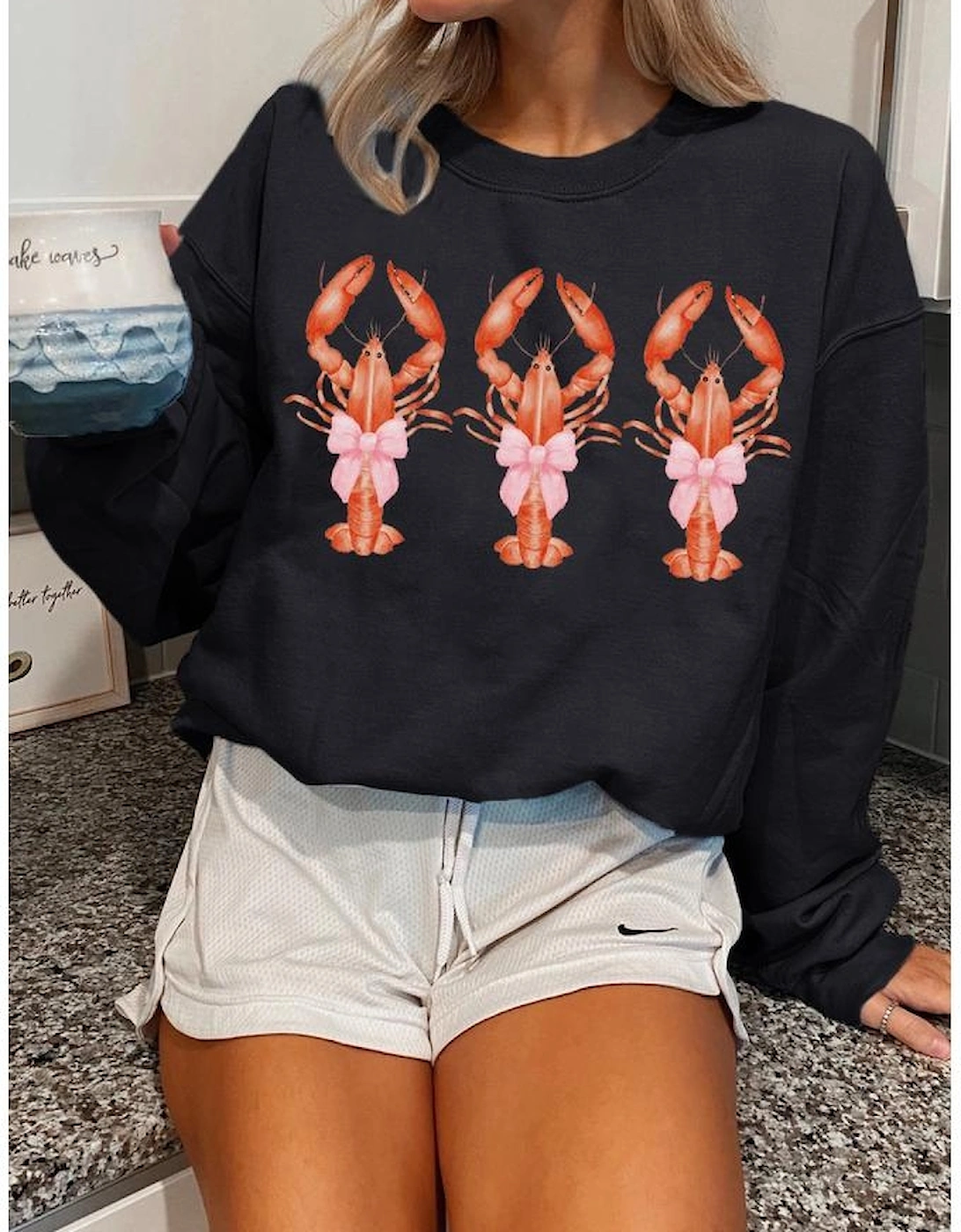 Black Cute Bow Crawfish Printed Drop Shoulder Sweatshirt