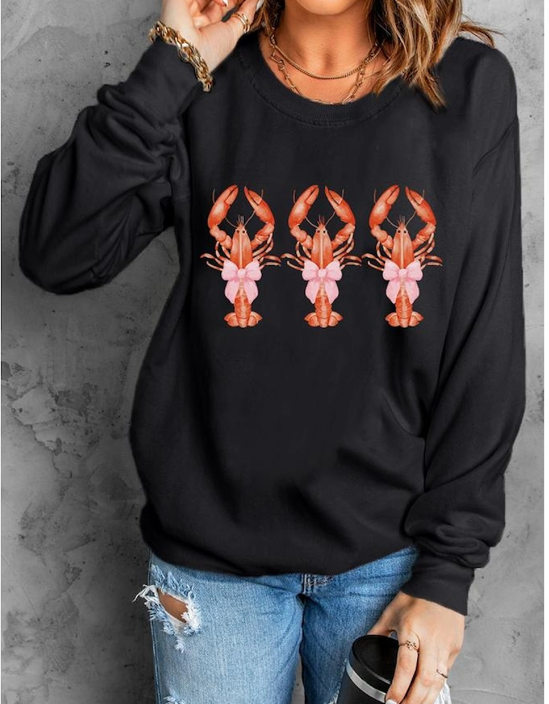 Black Cute Bow Crawfish Printed Drop Shoulder Sweatshirt