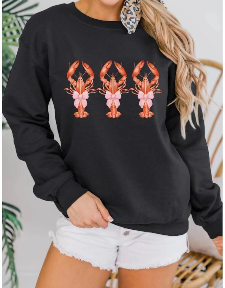Black Cute Bow Crawfish Printed Drop Shoulder Sweatshirt