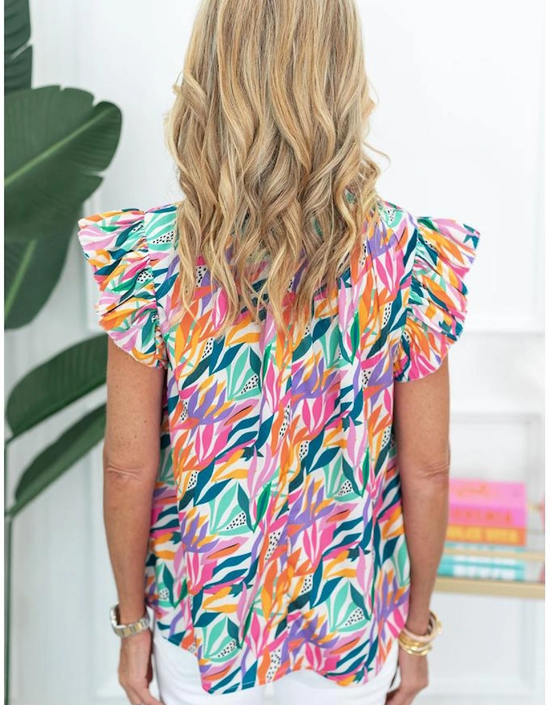 Rose Red Floral Print Ruffled Flutter Sleeve Blouse