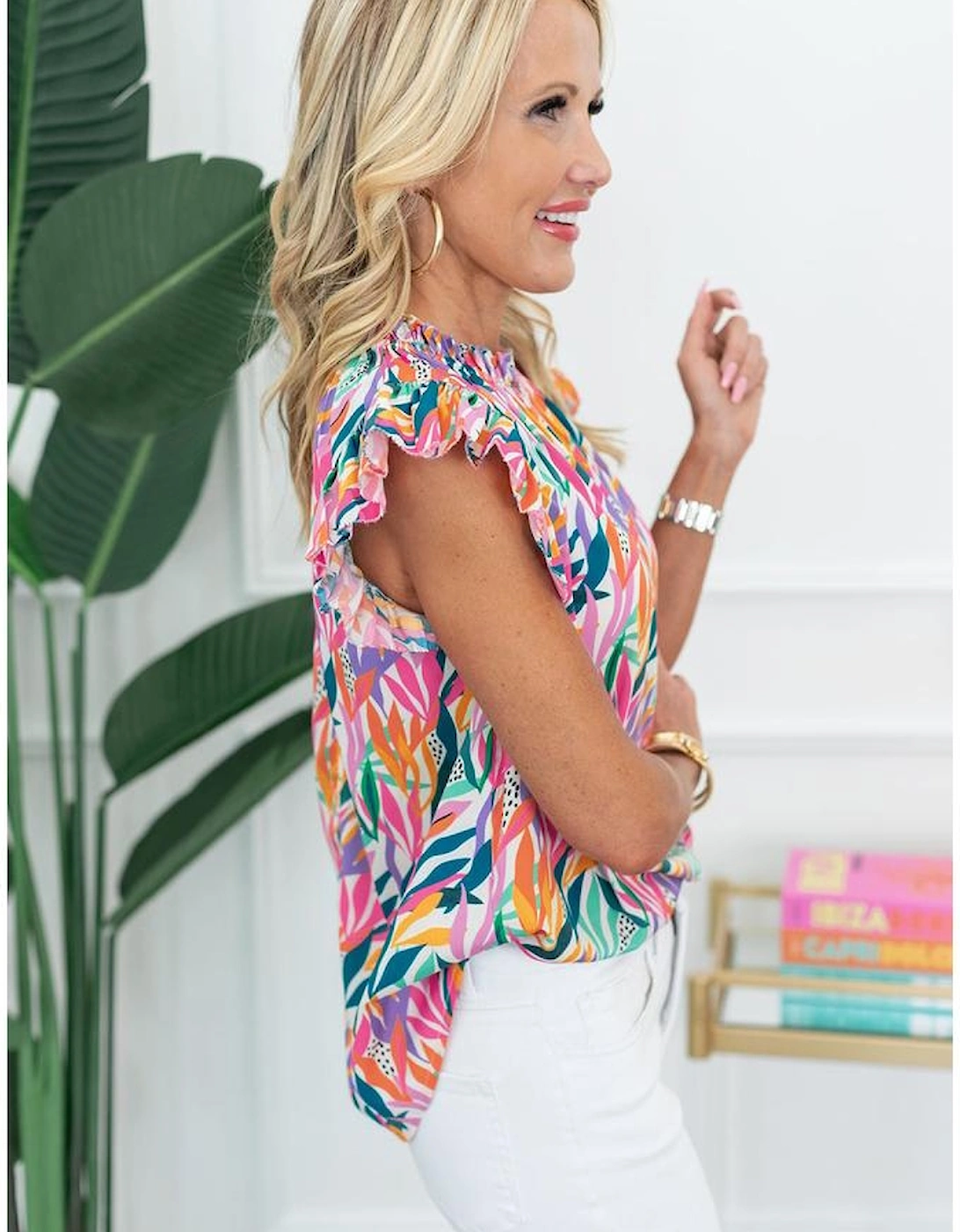 Rose Red Floral Print Ruffled Flutter Sleeve Blouse