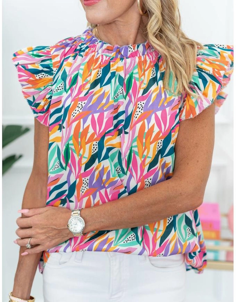 Rose Red Floral Print Ruffled Flutter Sleeve Blouse