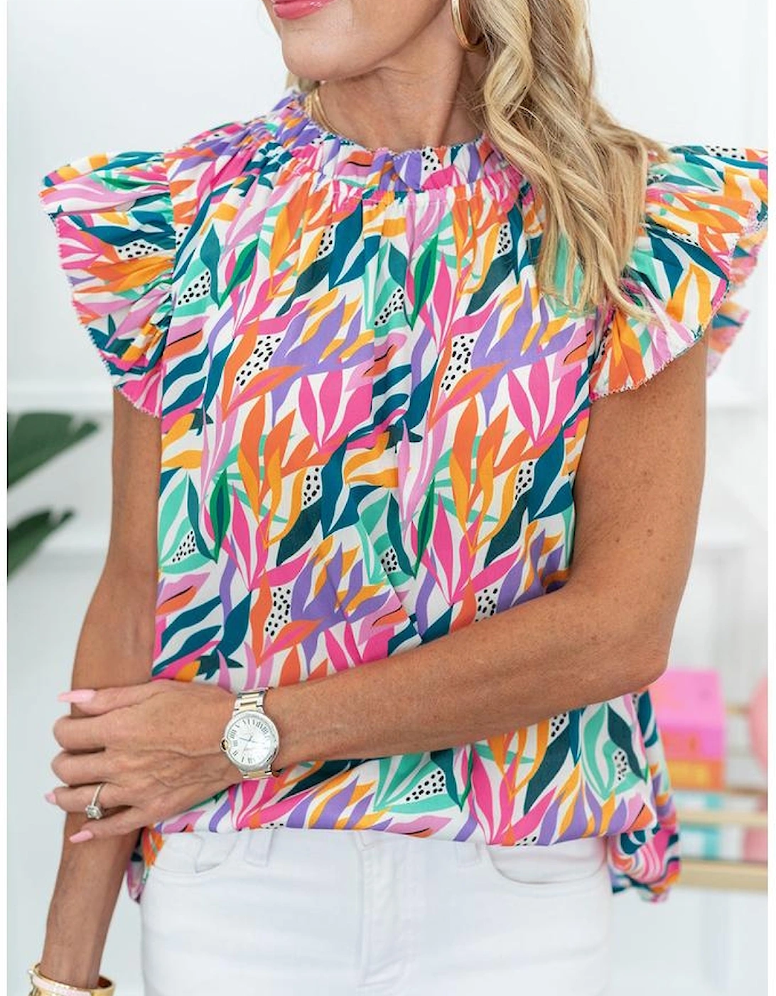 Rose Red Floral Print Ruffled Flutter Sleeve Blouse