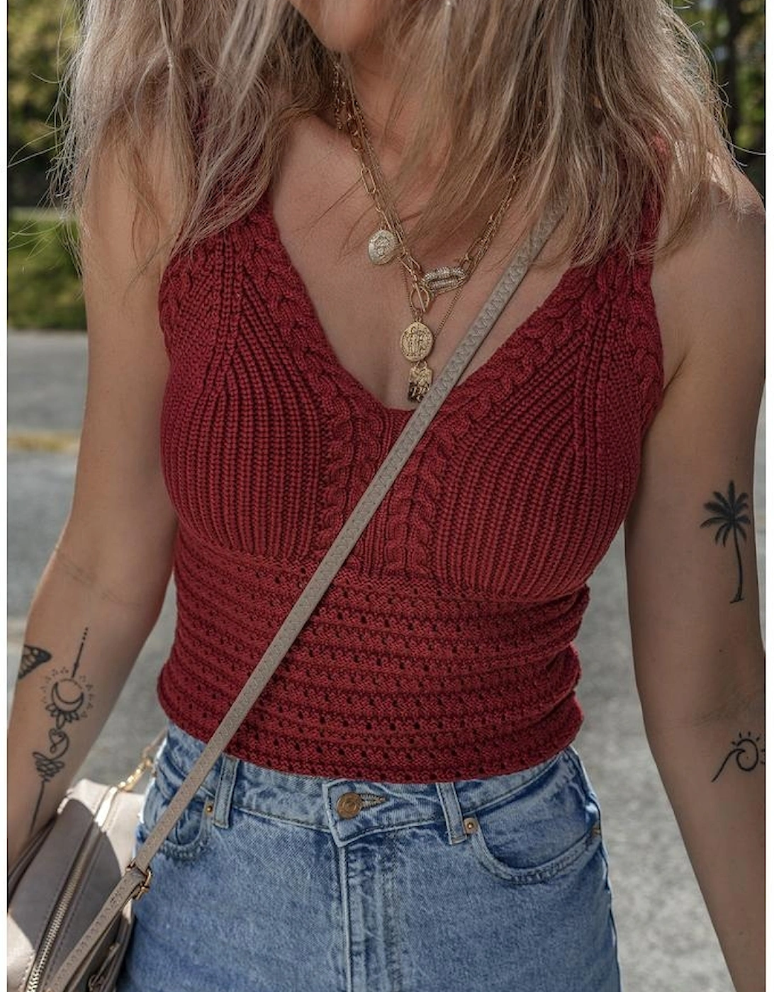 Burgundy Cable Knit Pointelle Slim Fit V Neck Sweater Vest