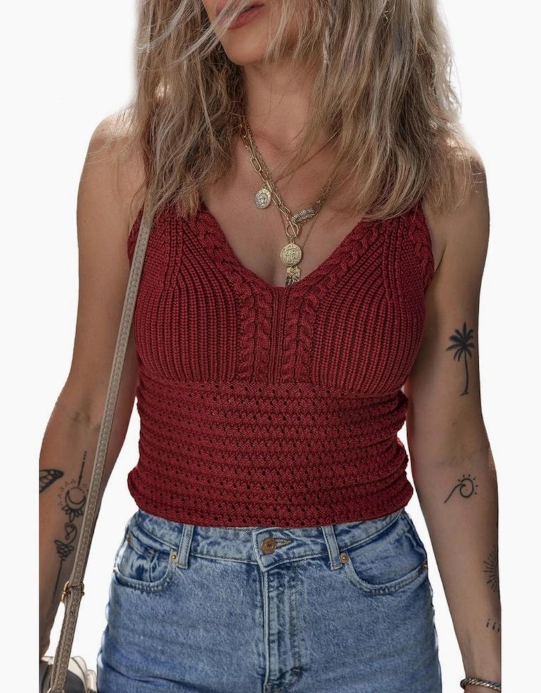 Burgundy Cable Knit Pointelle Slim Fit V Neck Sweater Vest