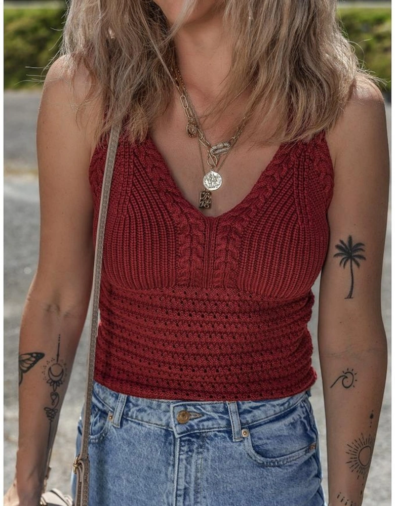 Burgundy Cable Knit Pointelle Slim Fit V Neck Sweater Vest