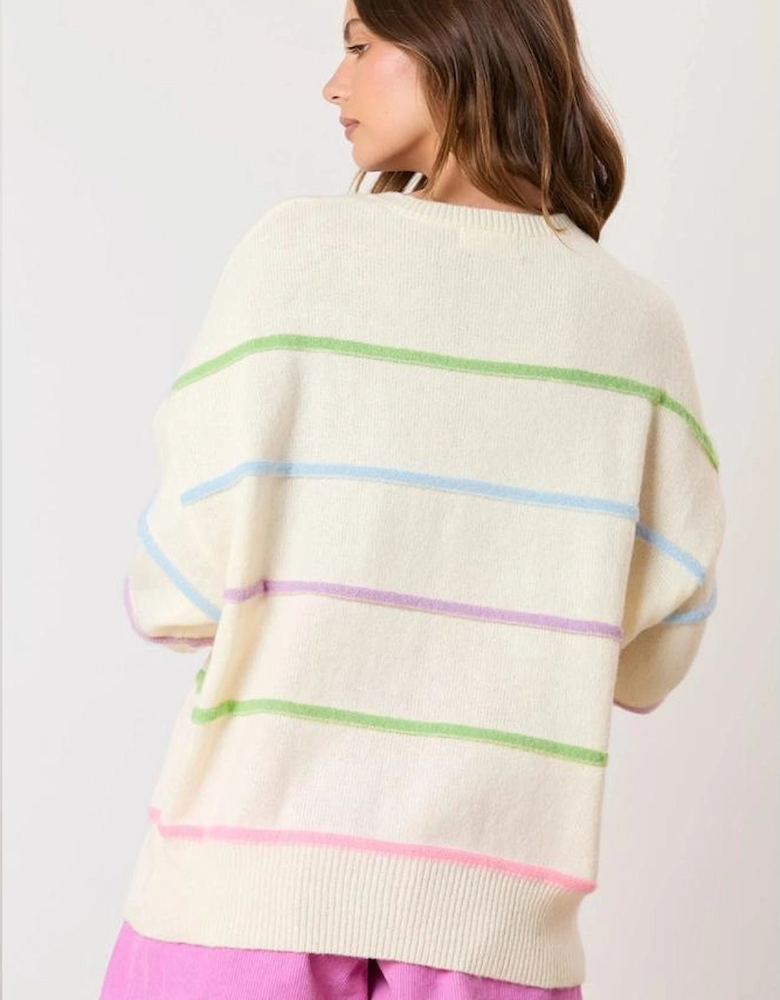 White Rainbow Stripes Drop Shoulder Baggy Henley Sweater