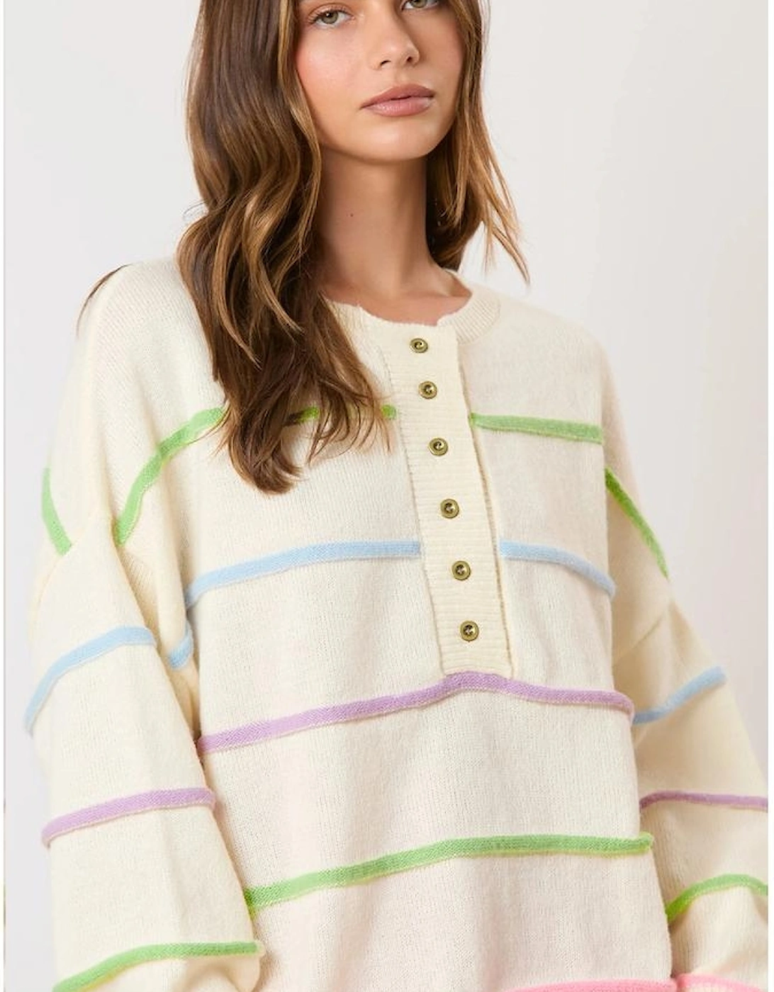White Rainbow Stripes Drop Shoulder Baggy Henley Sweater, 13 of 12