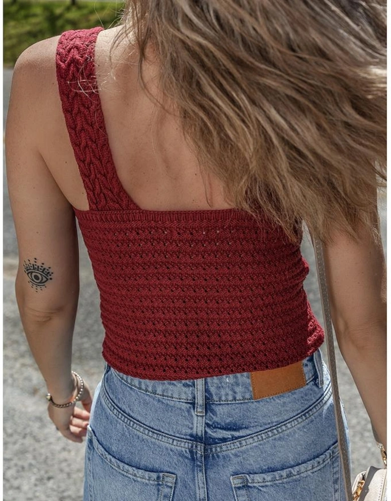Burgundy Cable Knit Pointelle Slim Fit V Neck Sweater Vest