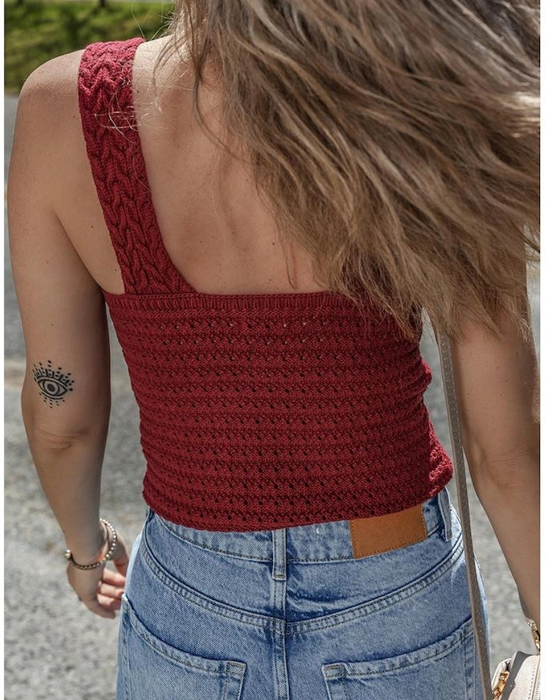 Burgundy Cable Knit Pointelle Slim Fit V Neck Sweater Vest