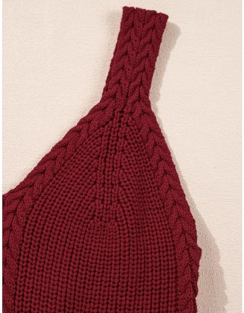 Burgundy Cable Knit Pointelle Slim Fit V Neck Sweater Vest
