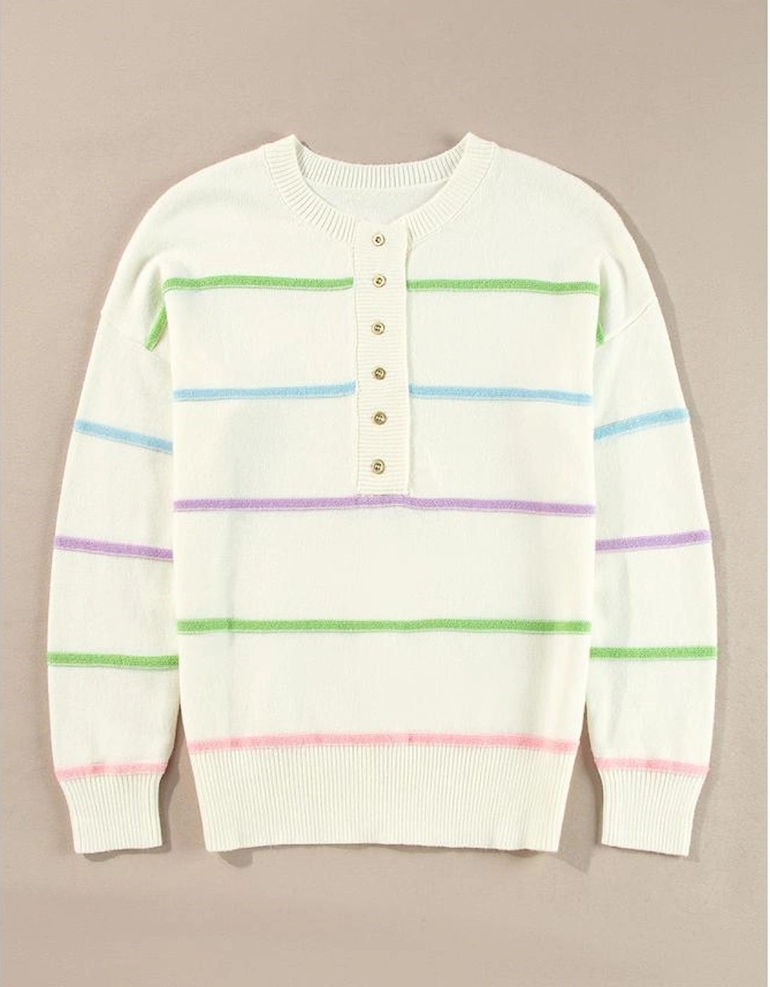 White Rainbow Stripes Drop Shoulder Baggy Henley Sweater