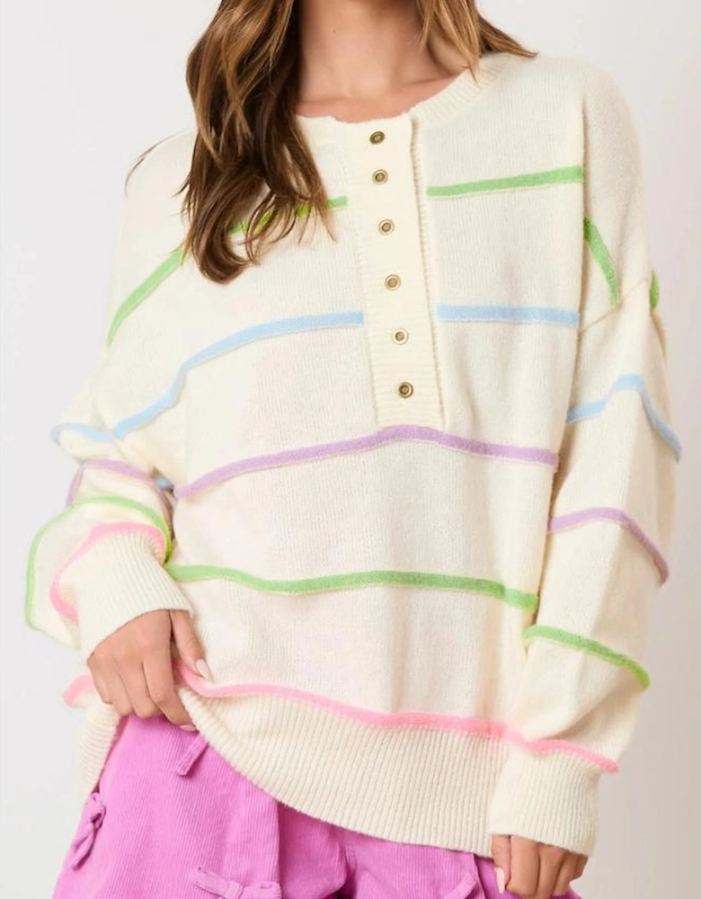 White Rainbow Stripes Drop Shoulder Baggy Henley Sweater