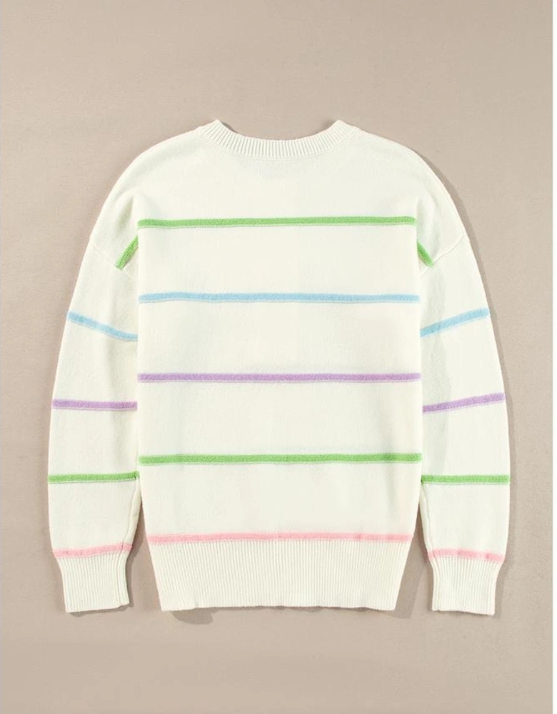 White Rainbow Stripes Drop Shoulder Baggy Henley Sweater