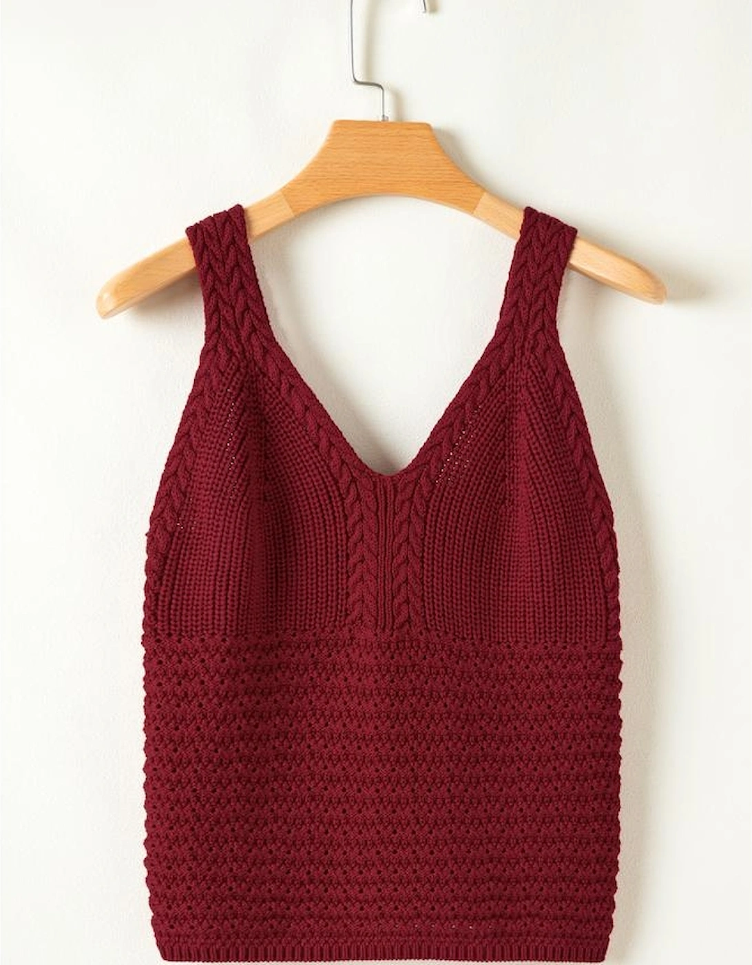 Burgundy Cable Knit Pointelle Slim Fit V Neck Sweater Vest