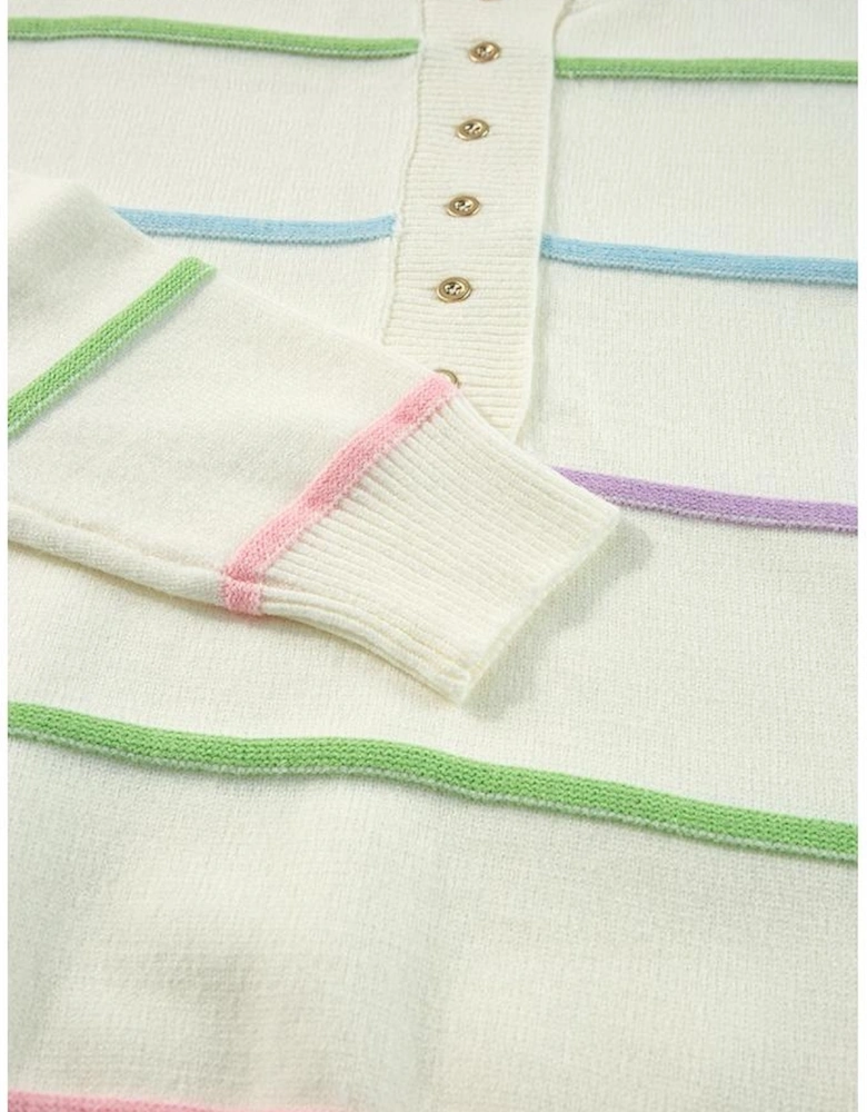 White Rainbow Stripes Drop Shoulder Baggy Henley Sweater