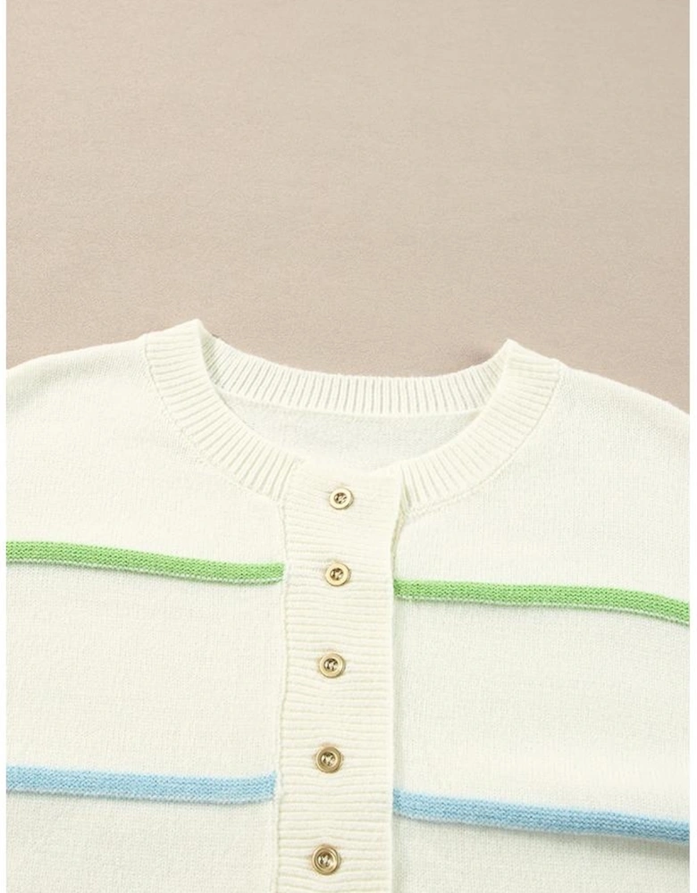White Rainbow Stripes Drop Shoulder Baggy Henley Sweater