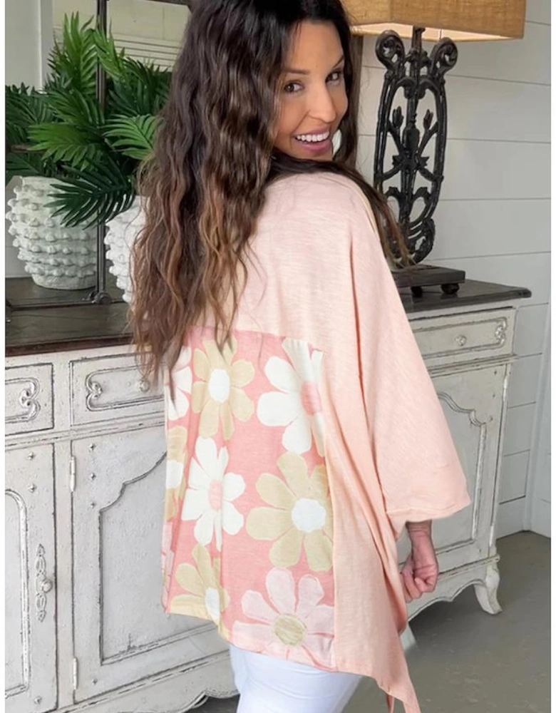 Pink Flower Patchwork Exposed Seam Oversized High Low Top