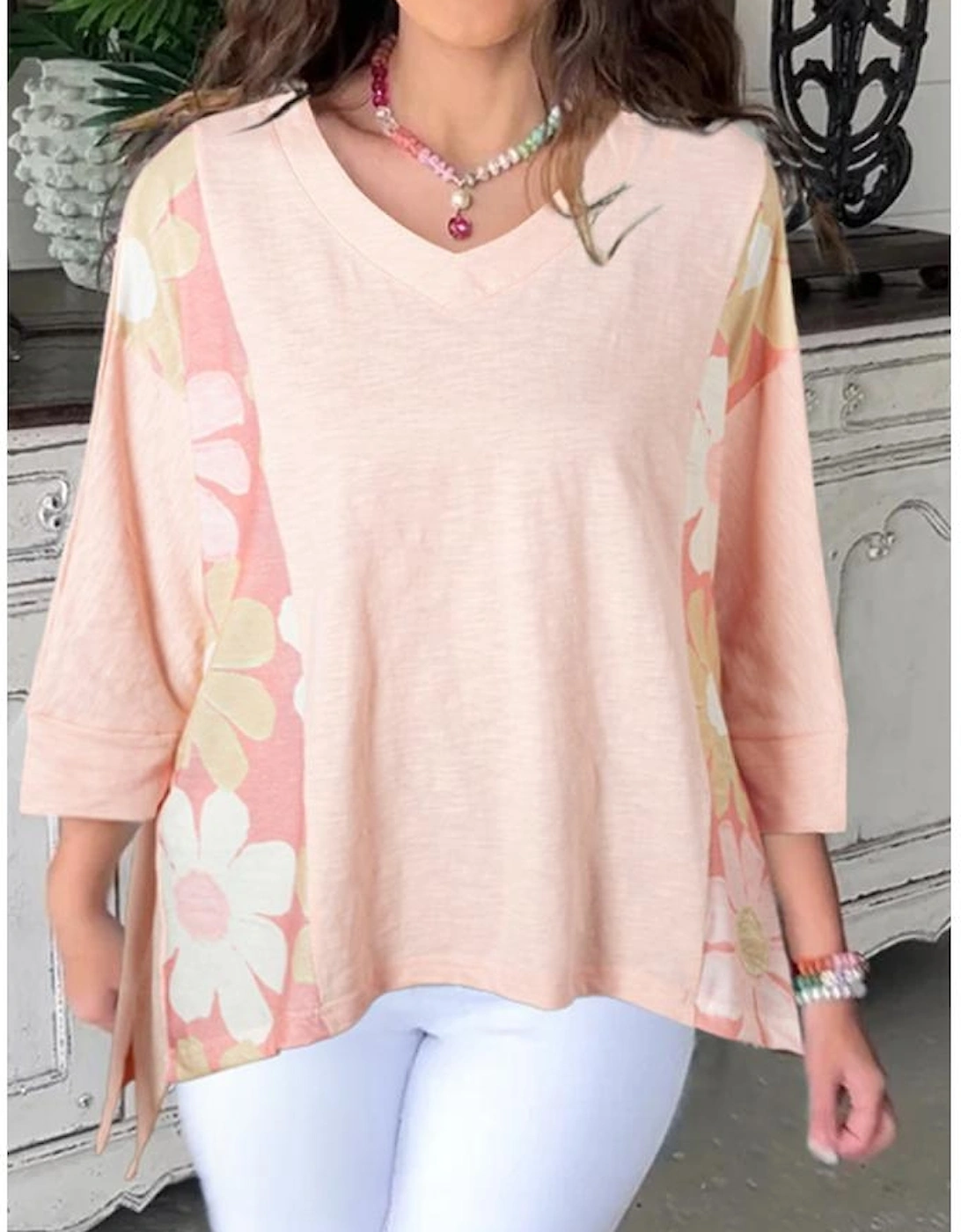 Pink Flower Patchwork Exposed Seam Oversized High Low Top