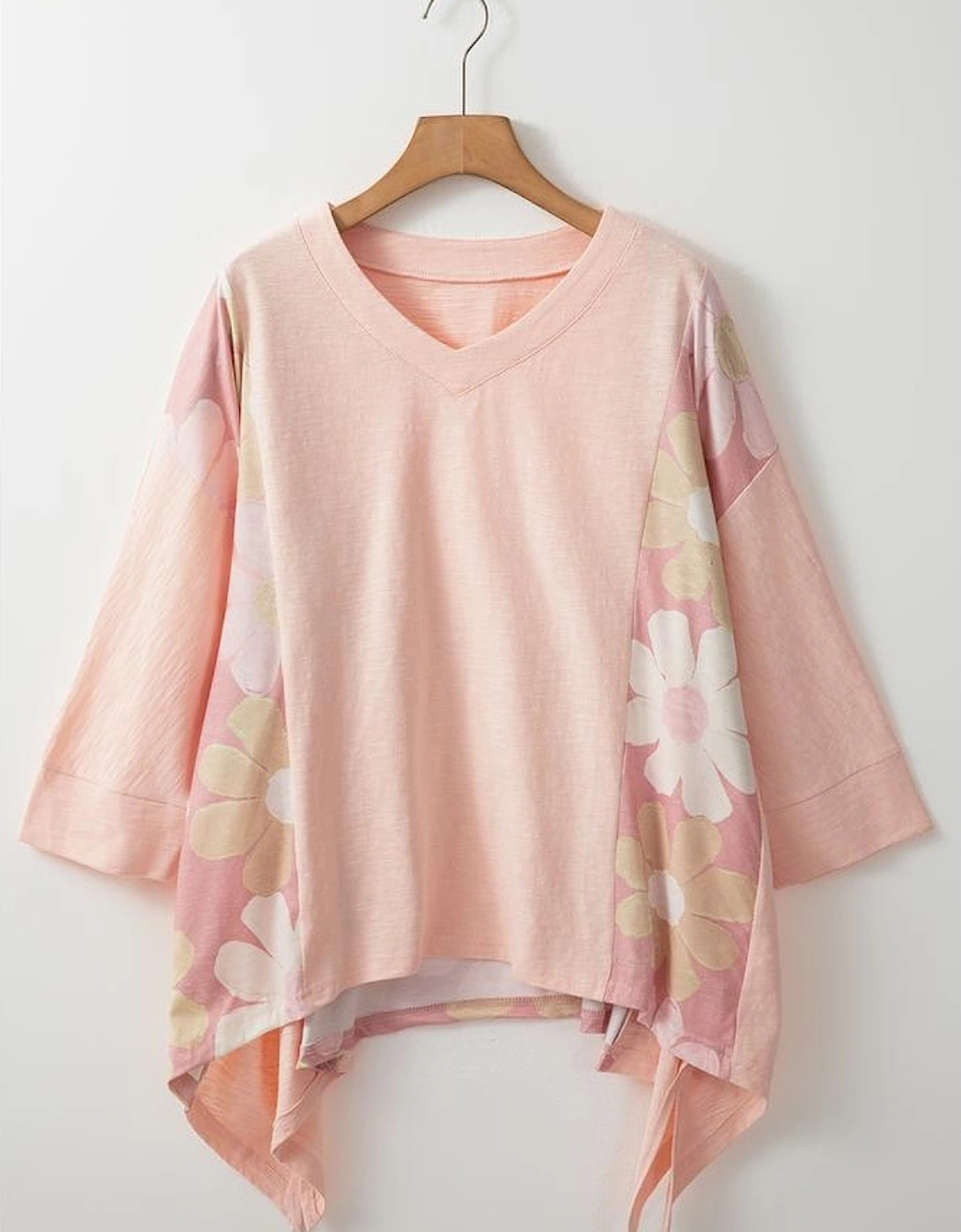 Pink Flower Patchwork Exposed Seam Oversized High Low Top